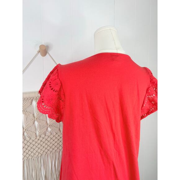 J. Crew Eyelet Flutter Sleeve Top Size Large Red Floral Crochet Cap Sleeve - Picture 5 of 7
